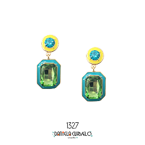 Brinco Círculo e Retângulo com Cristal Verde e Turquesa BG1327CR