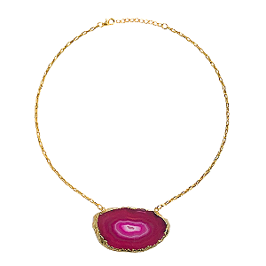 Colar Chapa de Pedra Ágata Rosa com Dourado