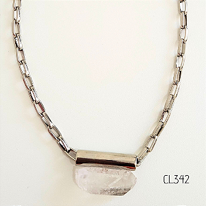 Colar Corrente Prata Cristal Bruto Branco Detalhe Prata CL342