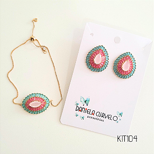 KIT 104 Pulseira Gota Maior Zircônias Rosa e Turquesa  + Brinco