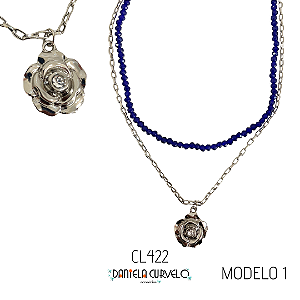 Colar Duplo Cristais Azul Marinho e Prata com Pingente Flor 3D - CL422