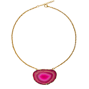 Colar Chapa de Pedra Ágata Rosa com Dourado - CL305B