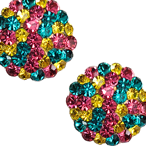Brinco Redondo Strass Colorido Tons Verão Turquesa, Rosa Chiclete e Amarelo - BF1076