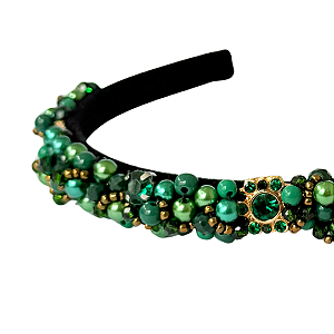 Tiara de Luxo Fina Bordada Preta com Tons de Verde T424