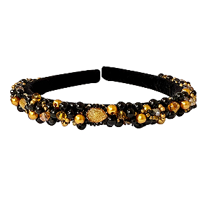Tiara Bordada Preta com Miçangas Preta e Dourada com Pedrarias Douradas T433