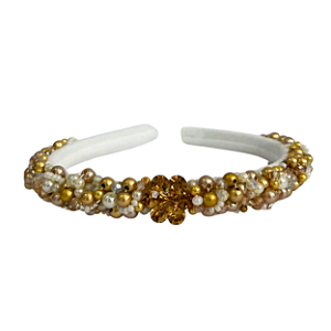 Tiara Bordada Fina Branca com Miçangas e Pedrarias Douradas e Cristal com Pérolas T432