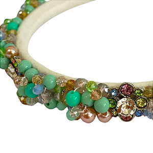 Tiara Fina Branca Verde-Água com Cristais e Pedrarias Candy T431