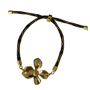 Pulseira Regulável Fio Especial Preto e Dourado com Flor Dourada 662P