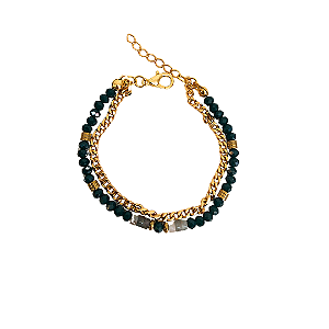 Pulseira de Cristais Verde com Dourado e Pedras Naturais com Corrente Dourada 678P