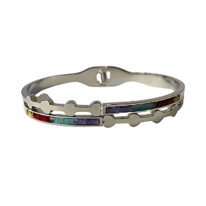 Bracelete de Aço Prata com Pedras Coloridas