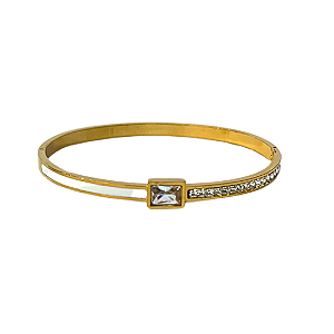 Bracelete de Aço Dourado com Pedra Retangular, Zircônias e Resina Branca 707P