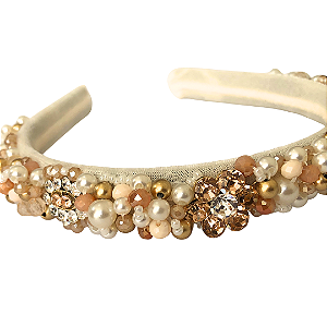 Tiara Média Bege Clara de Pérolas, Miçangas e Pedrarias Branco, Dourado e Rosê T437