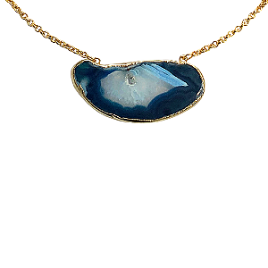 Colar Chapa de Pedra Ágata Azul com Dourado