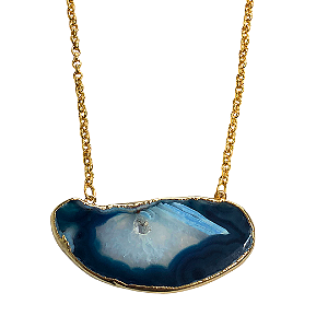 Colar Chapa de Pedra Ágata Azul com Dourado MODELO B - CL501B