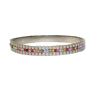 Bracelete de Aço Prata Pontilhado com Zircônias Coloridas 734P
