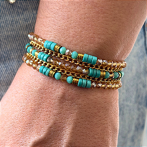 Pulseira de Imã com Cristais Dourado e Turquesa com Pedras Naturais e Correntes 738P