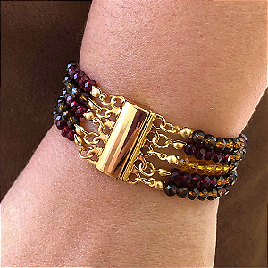 Pulseira de Imã de Cristais Marsala, Marrom, Mostarda e Hematita Dourada 741P