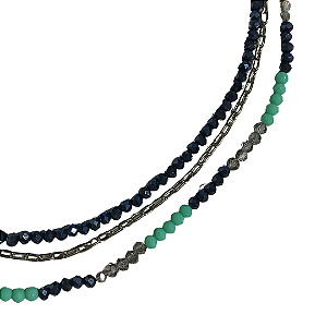 Colar Triplo de Cristais Azul Marinho, Cinza e Turquesa com Corrente Prata CL695