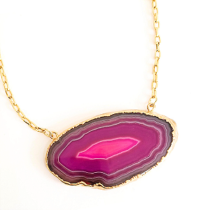 Colar Chapa de Pedra Ágata Rosa com Dourado - CL305C
