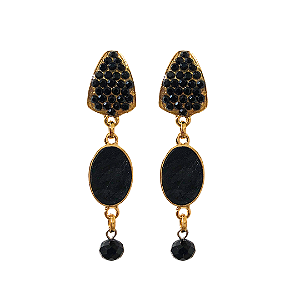 Brinco Oval de Couro de Tilápia Preto com Strass e Cristal BG1959
