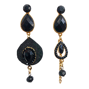 Brinco Assimétrico de Couro de Tilápia Preto com Strass e Cristais BG1998