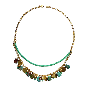 Colar Duplo Dourado com Cristais Verde Água e Pedras Naturais CL705