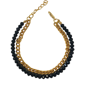 Pulseira de Cristais Preto com Corrente Dourada 750P