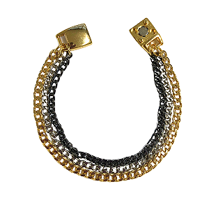 Pulseira de Imã com Correntes Dourada, Prata e Ônix 759P