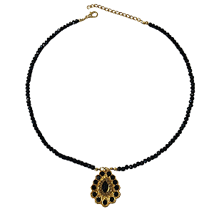 Colar de Cristais Preto com Pingente Dourado e Strass CL730