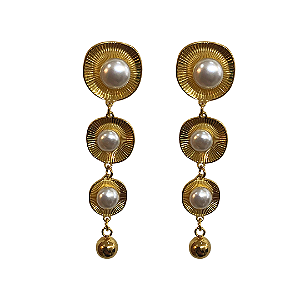 Brinco de Aço Dourado Esferas Orgânicas Penduradas com Pérolas BG2015