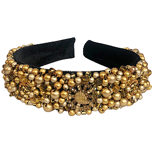 Tiara de Luxo Larga Preta com Pedrarias e Pingentes Dourado T440