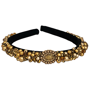 Tiara de Luxo Fina Preta com Pedrarias e Pingentes Dourado T442