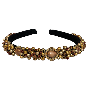 Tiara de Luxo Fina Preta Dourada com Marrom Perolado T445