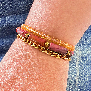 Pulseira de Imã com Cristais Laranja Candy, Pedras Naturais, Hematita e Corrente Dourada 771P
