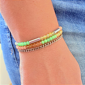 Pulseira 3 voltas com Cristais Candy e Corrente Prata 776P