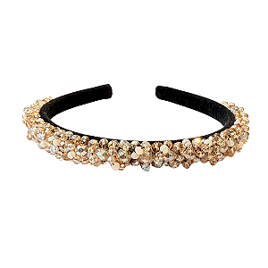 Tiara Bordada de Luxo Fina Preta de Cristais Dourado, Rosê e Furta-cor T446