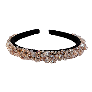 Tiara Bordada de Luxo Fina Preta de Cristais Dourado, Rosê e Furta-cor T446