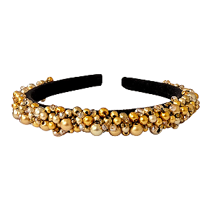Tiara de Luxo Bordada Fina Preta com Pedrarias e Cristais Dourado T447