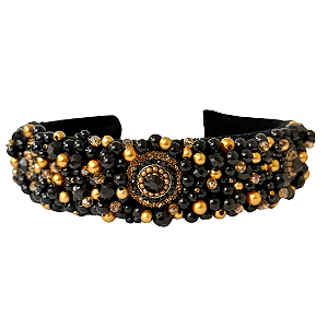 Tiara de Luxo Bordada Larga Preta com Pedrarias e Cristais Preto e Dourado T449