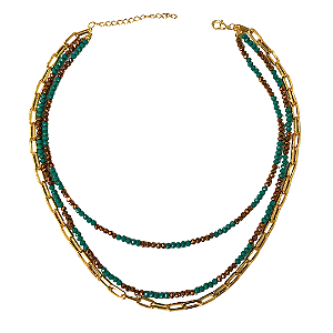 Colar Triplo de Cristais Verde-água Escuro e Cobre com Corrente Dourada CL765
