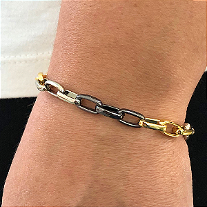 Pulseira de Corrente Dourada, Prata e Ônix 779P
