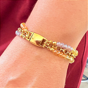 Pulseira de Imã de Cristais Candy Lilás, Laranja, Azul Claro e Amarelo Manteiga com Corrente Dourada 778P