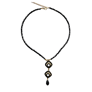 Colar de Cristais Preto com Pingentes Dourados com Strass CL781
