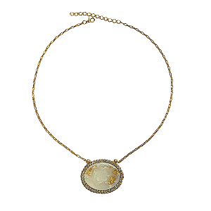 Colar Dourado com Pingente Oval Esmaltado Branco e Dourado CL785