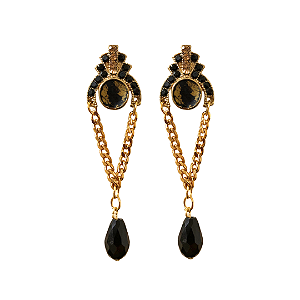 Brinco Grande Pendurado Resinado Preto e Dourado com Corrente BG2082