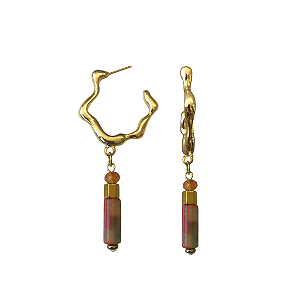 Argola Orgânica Dourada com Pedra Natural e Hematita BG2090