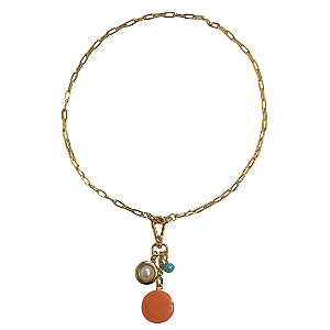 Colar Dourado com Pingente Resinado Laranja com Dourado, Pérola e Cristal CL792