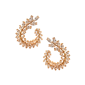 Brinco Médio Semijoia Dourada Folhagens com Zircônias BM2094