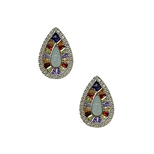 Brinco Pequeno Semijoia Gota Prata com Zircônias Coloridas e Madre Pérola BF1318