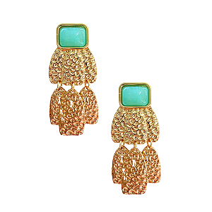 Brinco Grande Pendurado Dourado Martelado com Pedra Turquesa BG2109